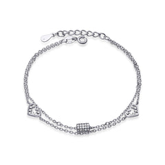 Bratara Argint 925 Doua inimioare cu pietre si lant dublu