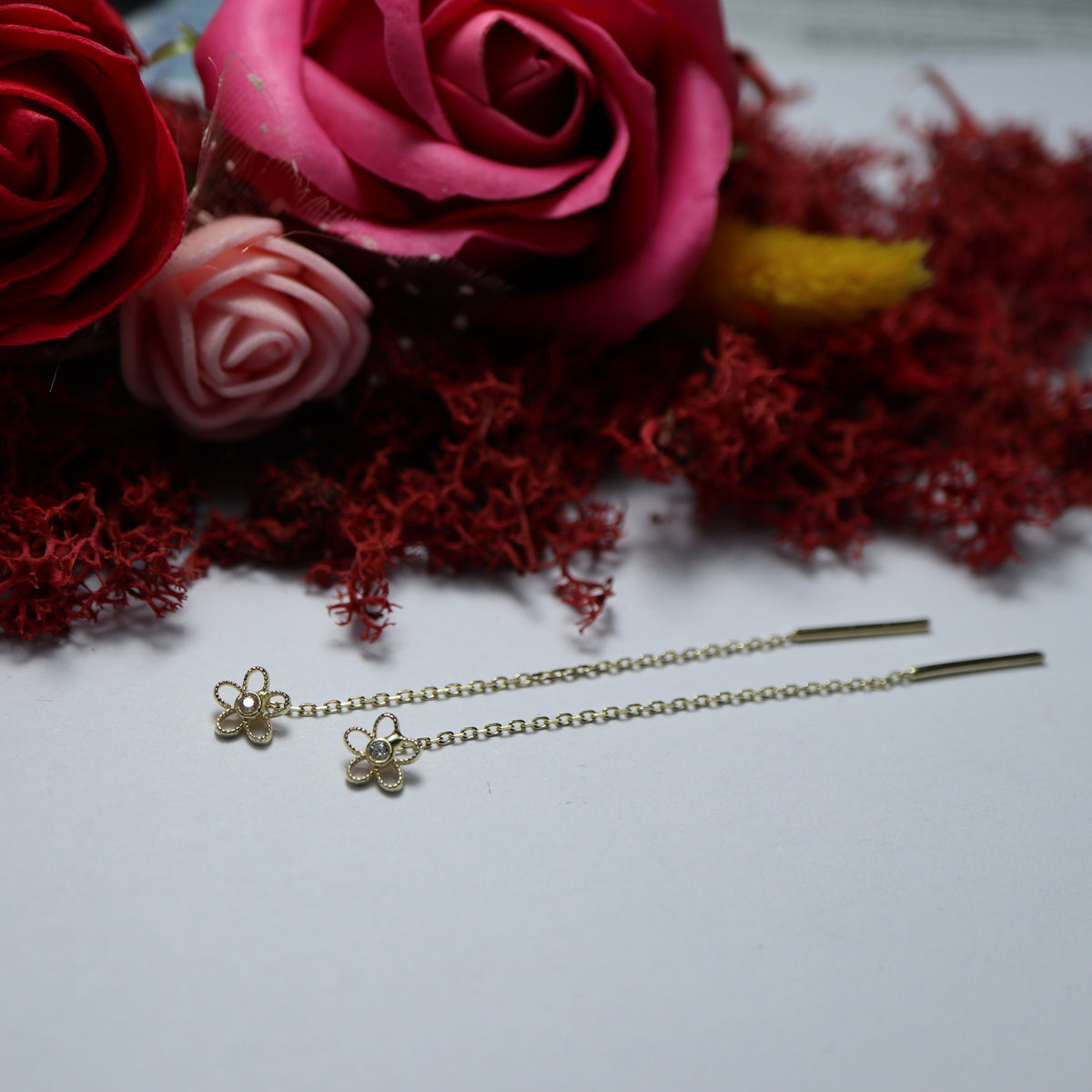 Cercei Aur 14K Floricica cu piatra si lant