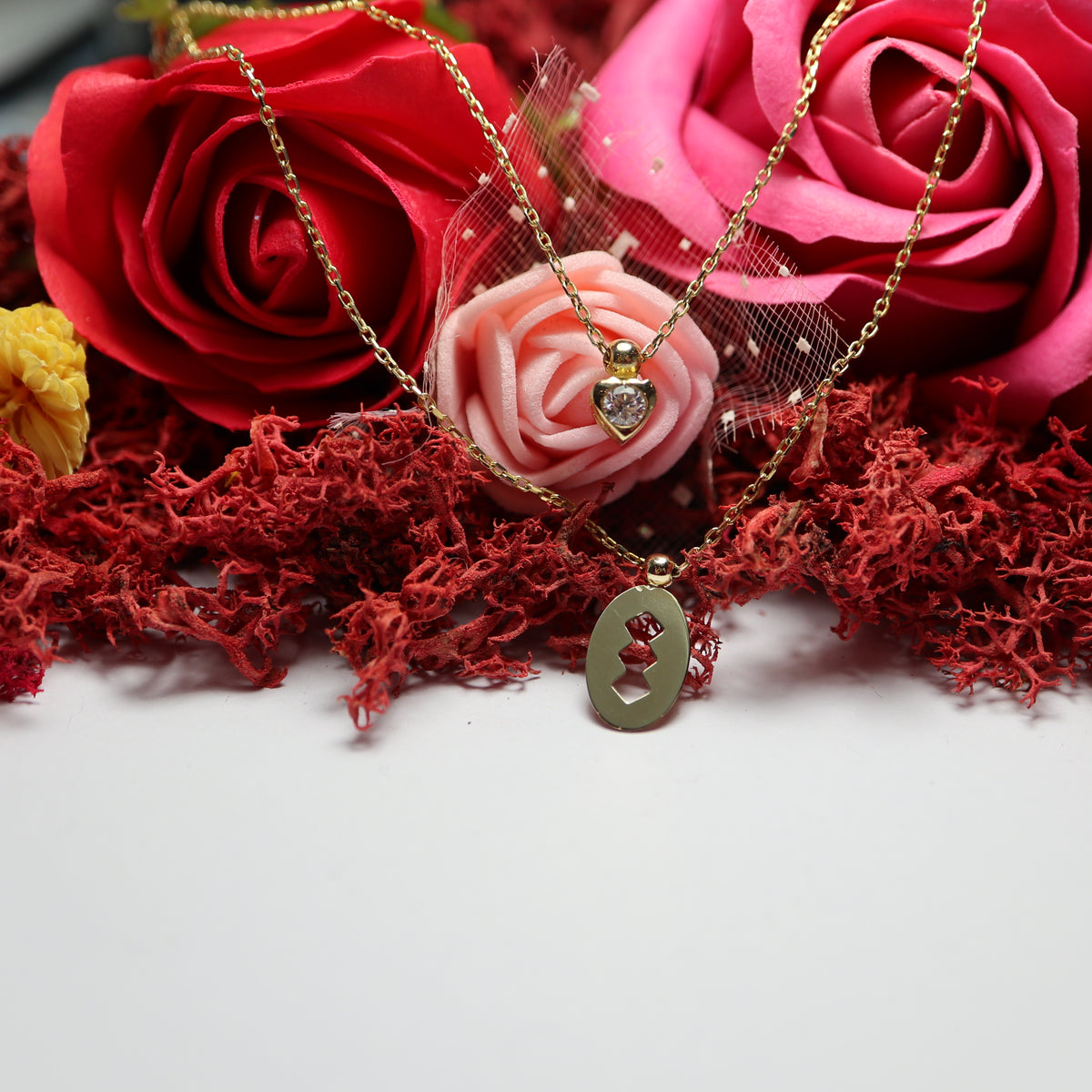 Colier Aur 14K Lant dublu inima si abstract